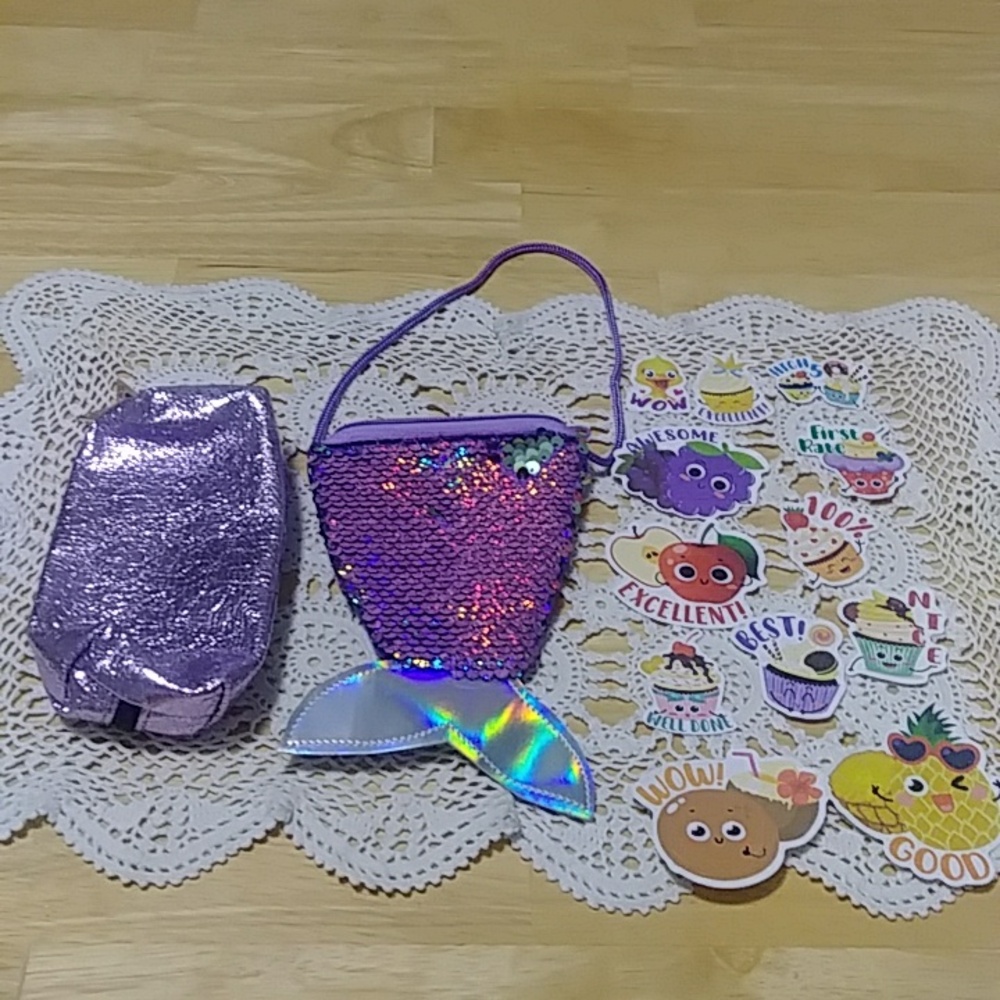 Girl's mini purse bundle, pink and purple. Mermaid tail, Stickers